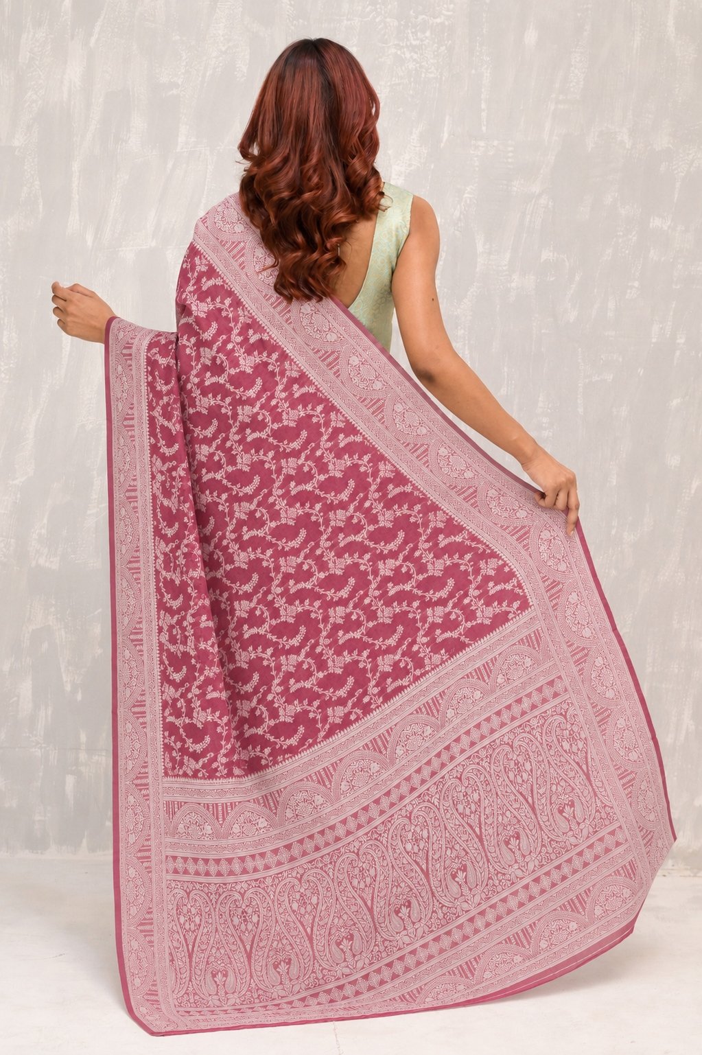 Leaf Jaal Magenta Pure Cotton Saree With Strip Blouse